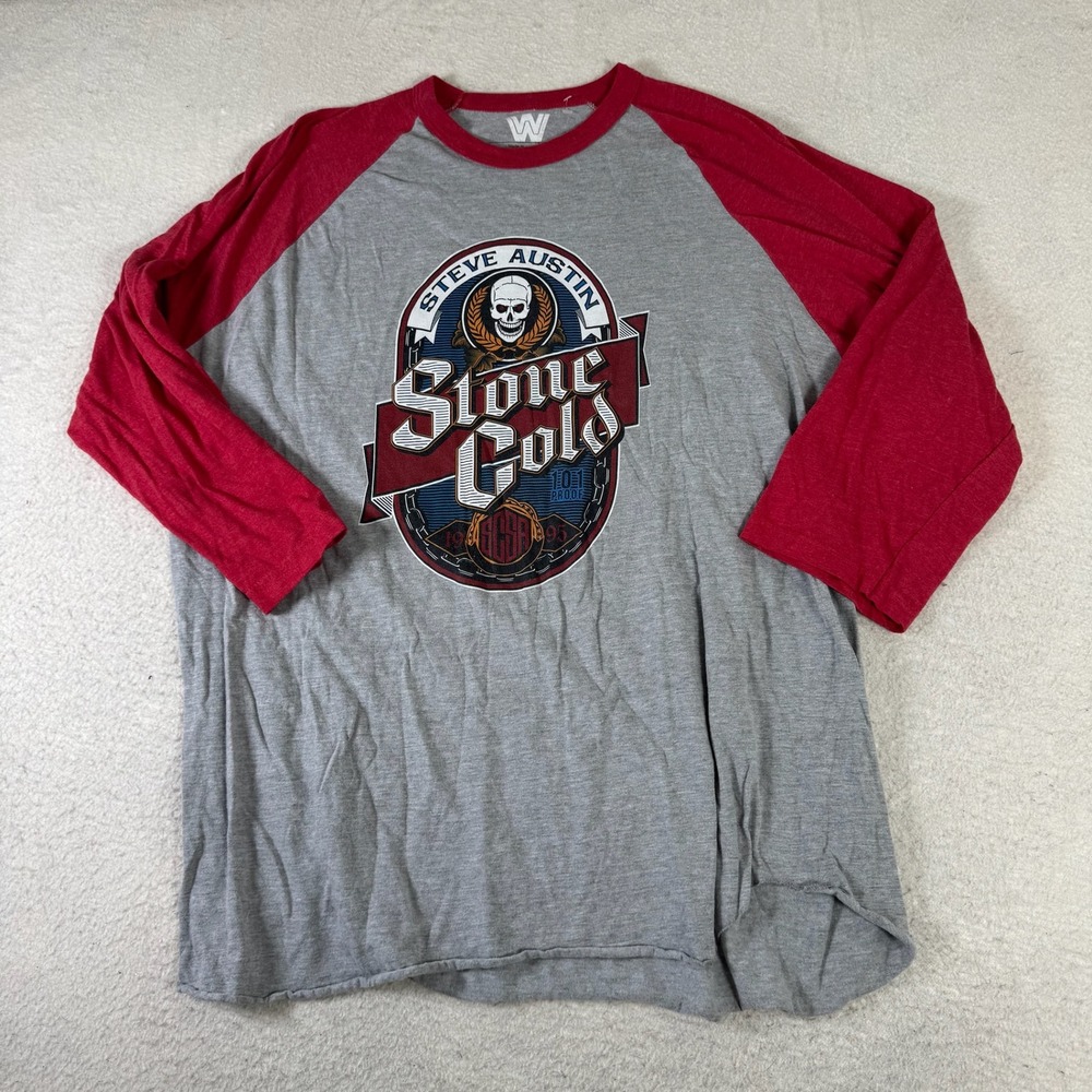 WWE Stone Cold Steve Austin Raglan Shirt Mens 2XL Gray Red Excellent 3/4 Sleeve